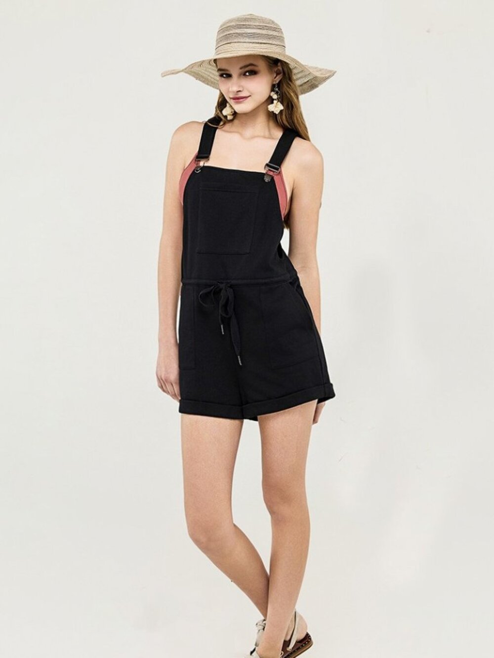 B107 Adjustable Strap Overall Romper Shorts Black NEW